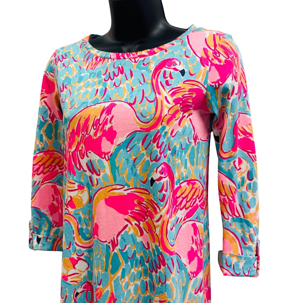 Lilly Pulitzer Pink Flamingo Pima Cotton 3/4 Sleeve Shift Dress Blue XXS - Picture 2 of 6